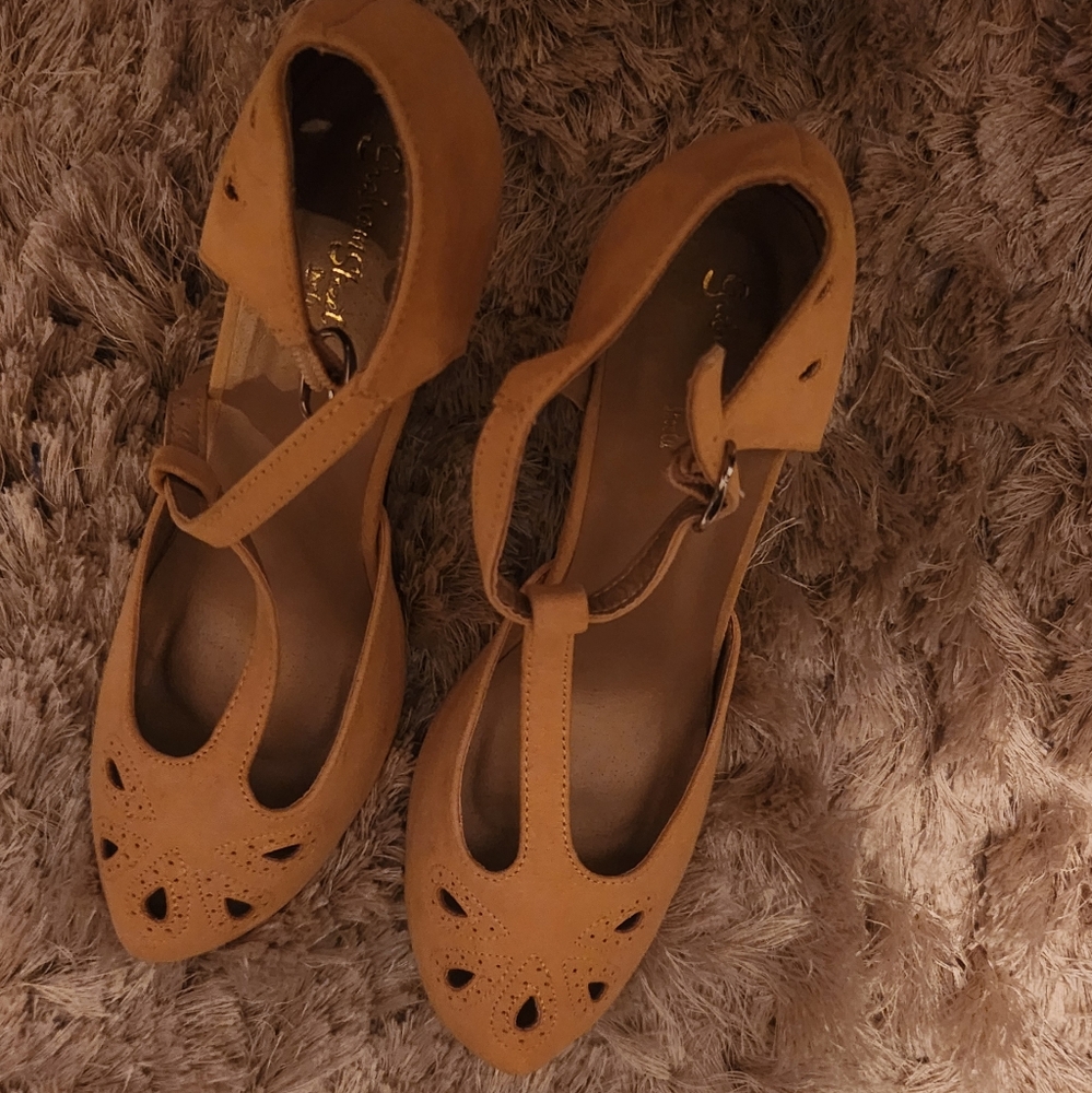 T-strap mustard heels